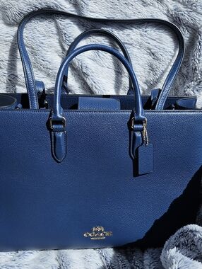 Coach Navy Pebbled Leather Satchel with Gold Accents